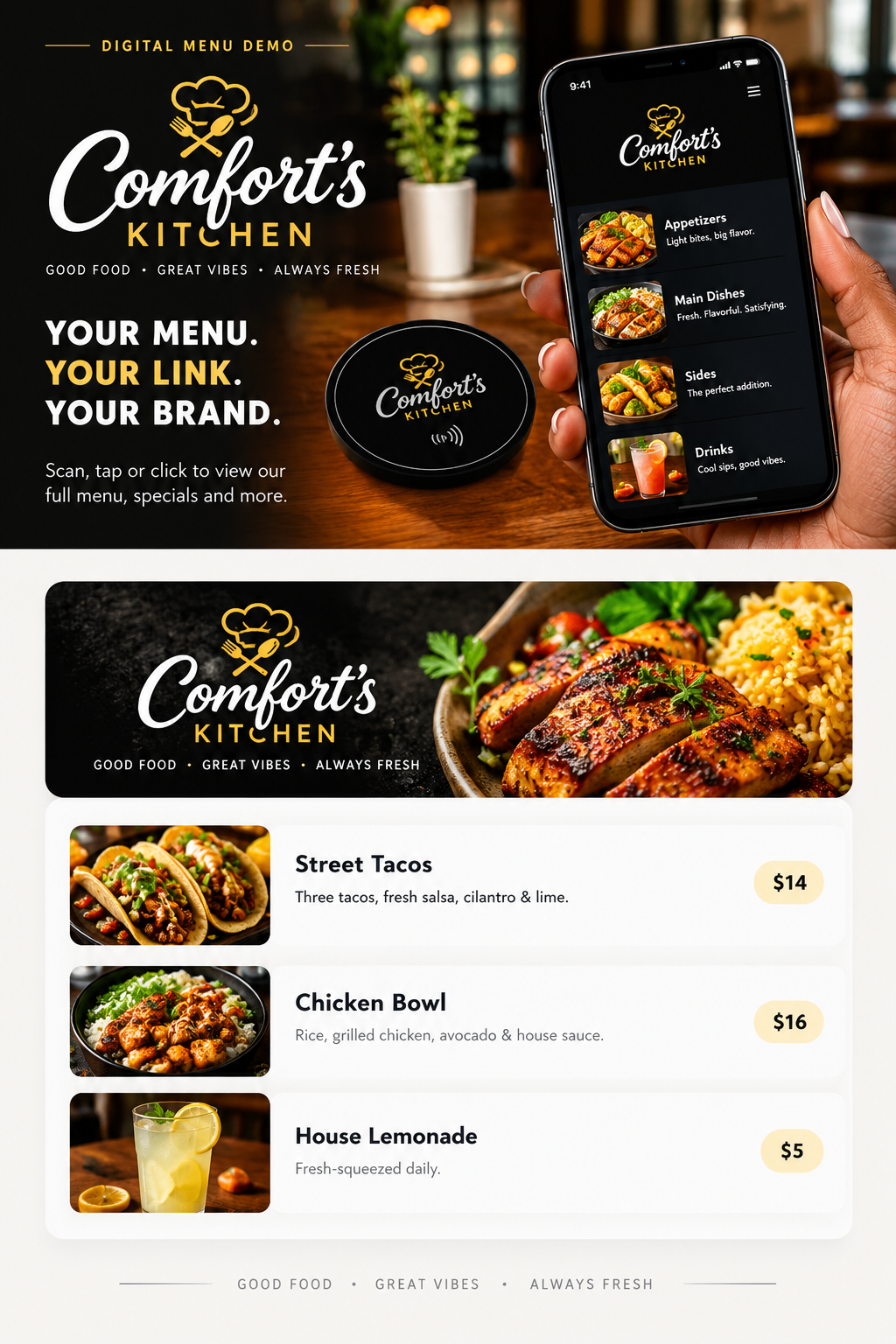 Comfort's Kitchen digital menu demonstration showing a branded restaurant menu, NFC tap point and mobile menu experience